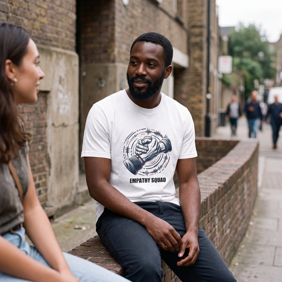 KI-erstellte Produktvisualisierung: Mann im weißen Empathy Squad Verbundenheit T-Shirt mit Händedruck-Grafik und roten Klanglinien im Gespräch vor einer Backsteinwand.