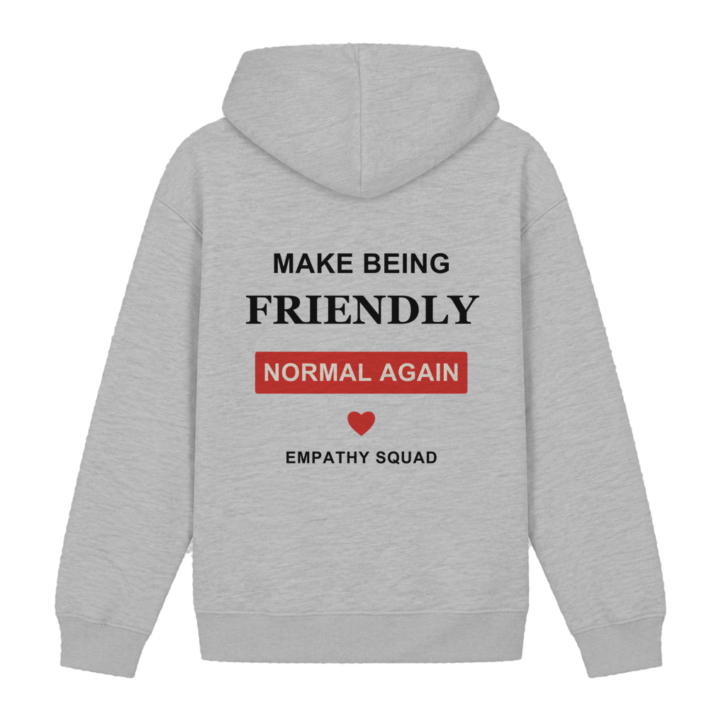 Mockup, Rückansicht: hellgrau melierter Hoodie mit „Make Being Friendly Normal Again“, rotem Textkasten und rotem Herz.