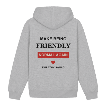 Mockup, Rückansicht: hellgrau melierter Hoodie mit „Make Being Friendly Normal Again“, rotem Textkasten und rotem Herz.
