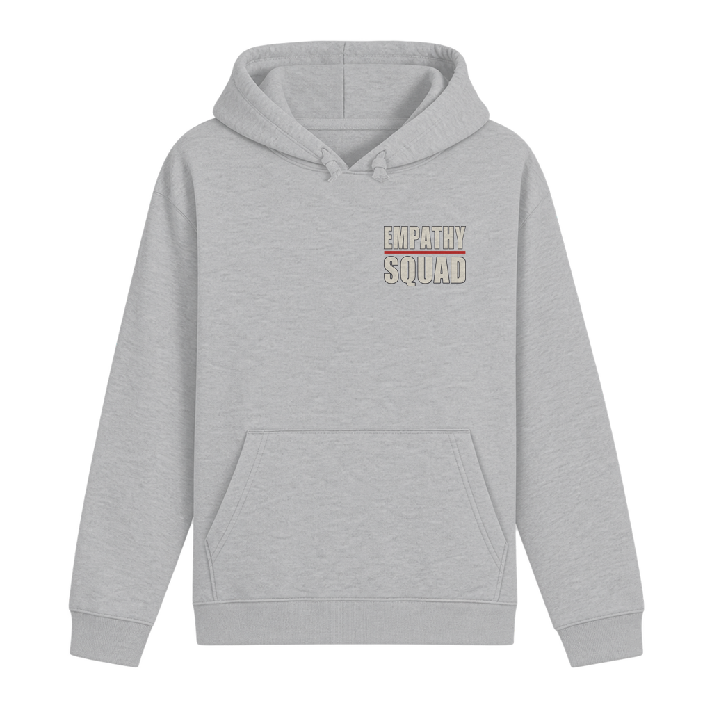 Mockup, Vorderansicht: hellgrau melierter Hoodie mit kleinem zweizeiligem Empathy-Squad-Schriftzug und roter Linie auf der Brust.