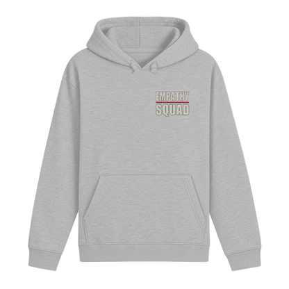 Mockup, Vorderansicht: hellgrau melierter Hoodie mit kleinem zweizeiligem Empathy-Squad-Schriftzug und roter Linie auf der Brust.