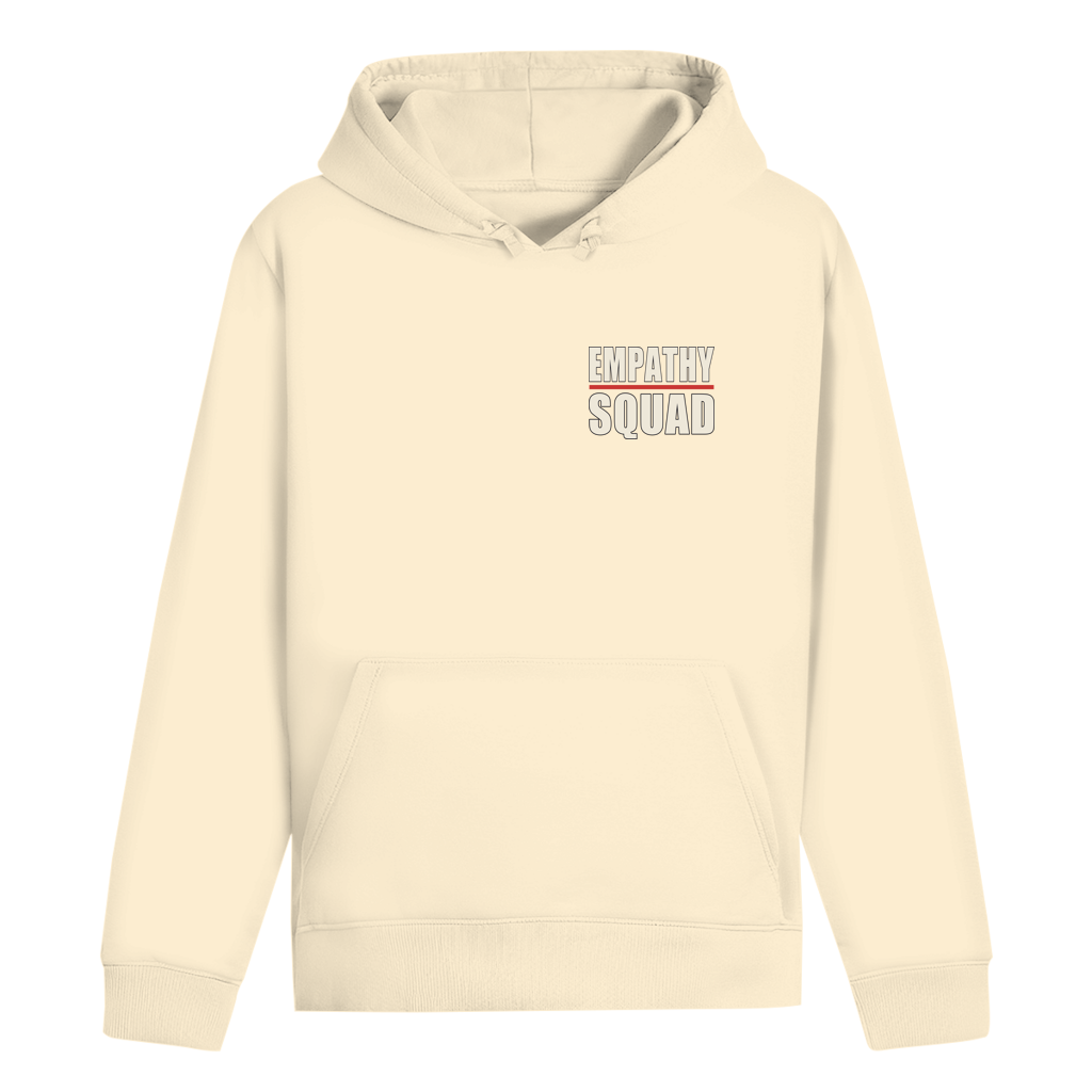 Mockup, Vorderansicht: cremefarbener Hoodie mit kleinem zweizeiligem Empathy-Squad-Schriftzug und roter Linie auf der Brust.