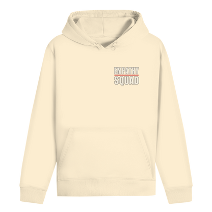 Mockup, Vorderansicht: cremefarbener Hoodie mit kleinem zweizeiligem Empathy-Squad-Schriftzug und roter Linie auf der Brust.