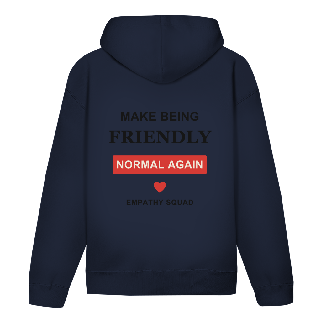 Mockup, Rückansicht: dunkelblauer Hoodie mit „Make Being Friendly Normal Again“, rotem Textkasten und rotem Herz.