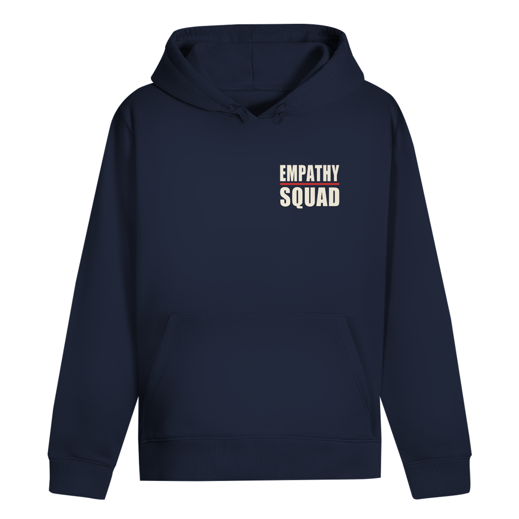 Mockup, Vorderansicht: dunkelblauer Hoodie mit kleinem zweizeiligem Empathy-Squad-Schriftzug und roter Linie auf der Brust.