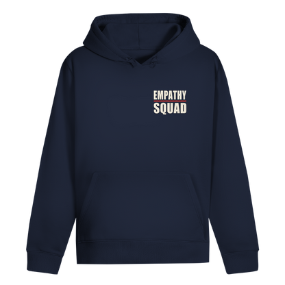 Mockup, Vorderansicht: dunkelblauer Hoodie mit kleinem zweizeiligem Empathy-Squad-Schriftzug und roter Linie auf der Brust.