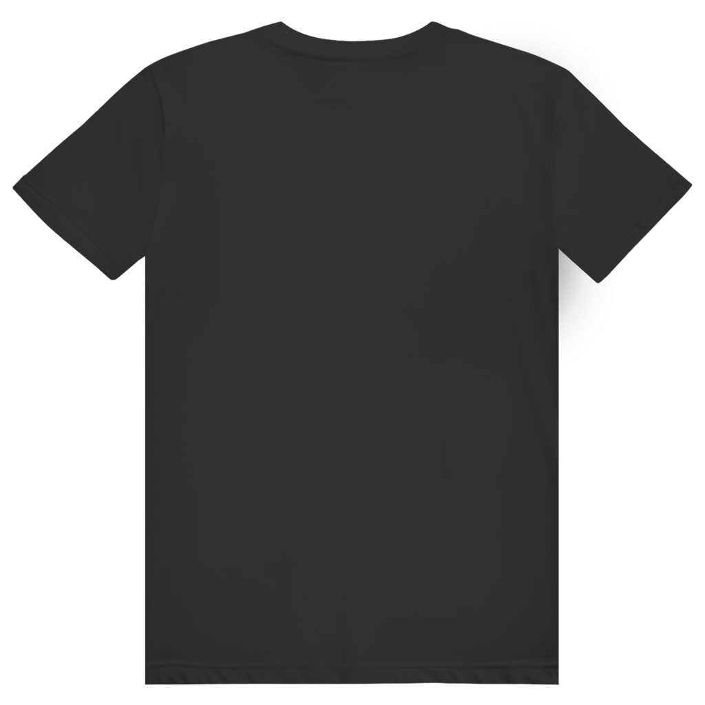 Mockup, Rückansicht: dunkelgraues T-Shirt mit unbedrucktem Rücken.
