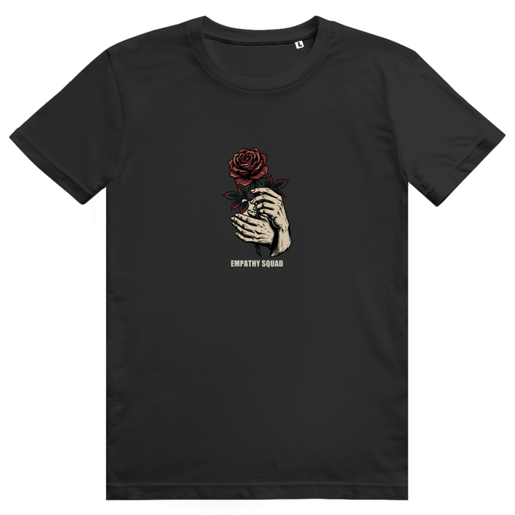 Mockup, Vorderansicht: dunkelgraues T-Shirt mit zwei hellen Händen, die eine rote Rose halten, und Empathy-Squad-Schriftzug.