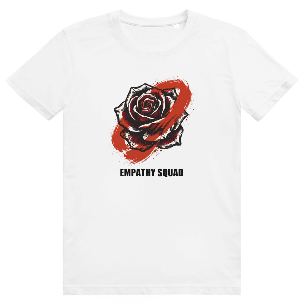 Weißes Pinselstrich Rosé T-Shirt von Empathy Squad, Vorderansicht mit Rose, rotem Pinselstrich und EMPATHY SQUAD Schriftzug.