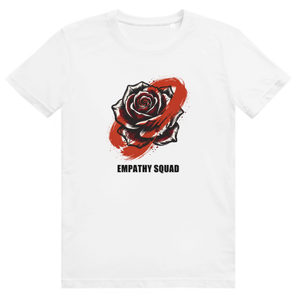 Weißes Pinselstrich Rosé T-Shirt von Empathy Squad, Vorderansicht mit Rose, rotem Pinselstrich und EMPATHY SQUAD Schriftzug.