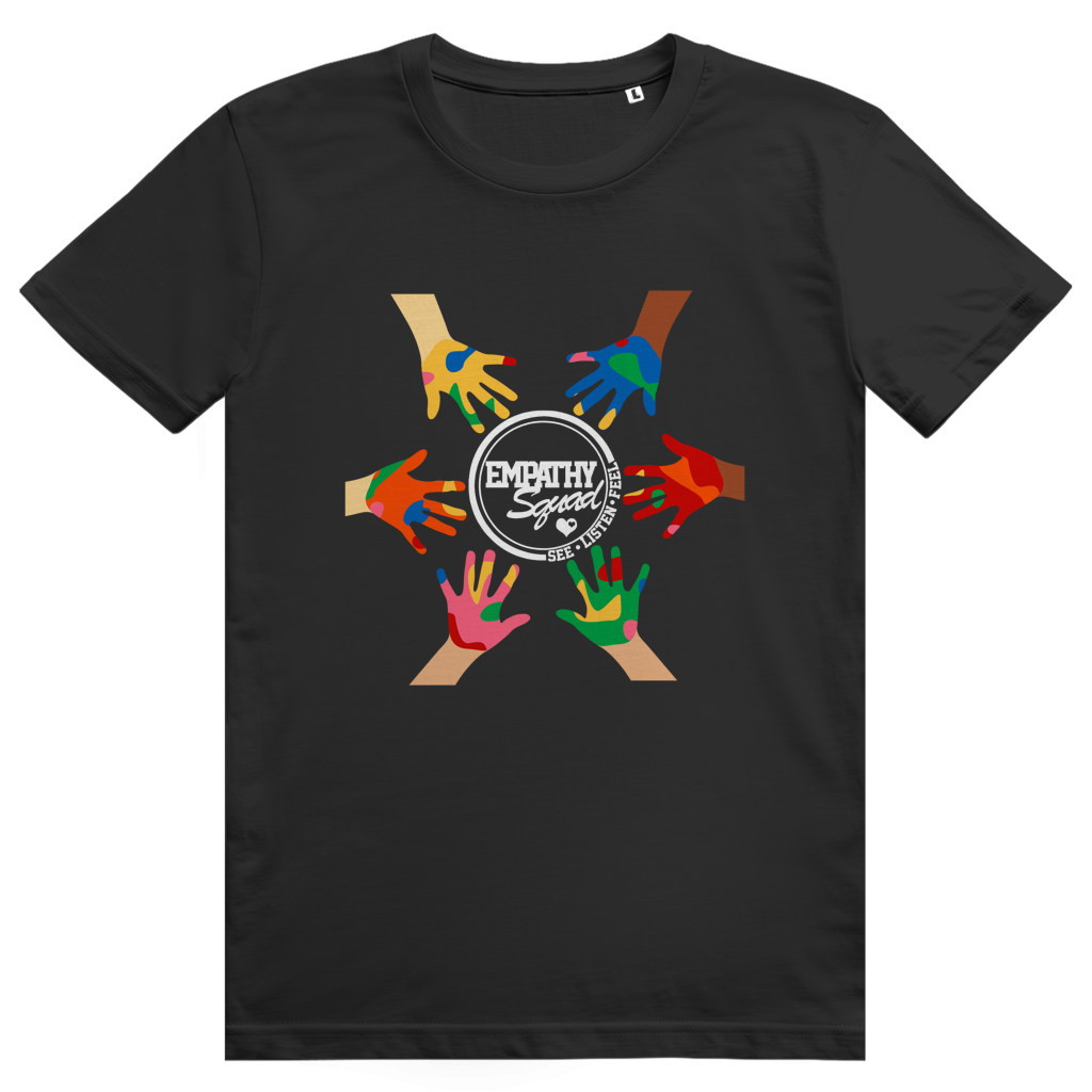 Schwarzer Empathy Squad Bio-Tee: Vorderseite mit sechs bunten Händen im Kreis um das weiße Empathy-Squad-Siegel und See Listen Feel.