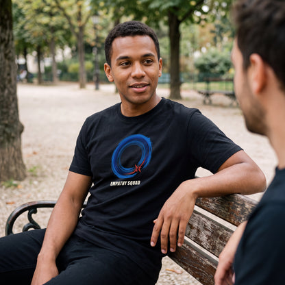 KI-generierte Produktvisualisierung: Mann im schwarzen Empathy-Squad-Shirt auf einer Parkbank im Gespräch mit einem Freund. Vollständiger blauer Kreis, roter Impuls und EMPATHY SQUAD auf der Brust.