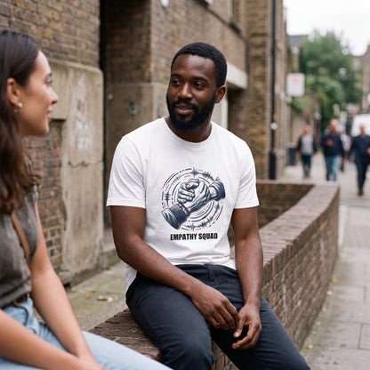 KI-erstellte Produktvisualisierung: Mann im weißen Empathy Squad Verbundenheit T-Shirt mit Händedruck-Grafik und roten Klanglinien im Gespräch vor einer Backsteinwand.