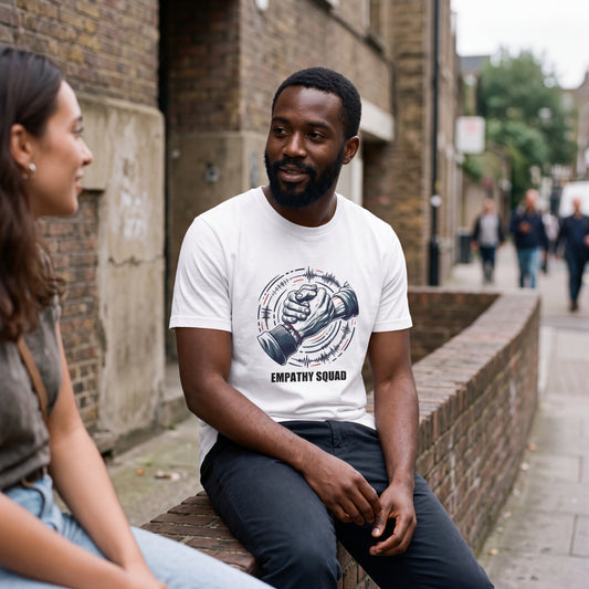 KI-erstellte Produktvisualisierung: Mann im weißen Empathy Squad Verbundenheit T-Shirt mit Händedruck-Grafik und roten Klanglinien im Gespräch vor einer Backsteinwand.