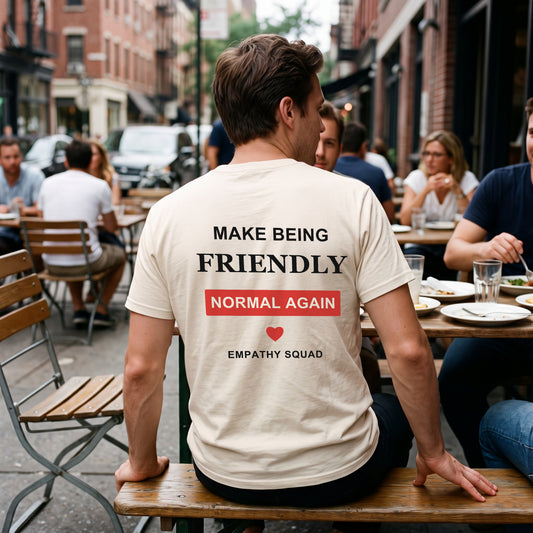 Mann am Tisch einer Snackbar im Natural-Raw-T-Shirt von Empathy Squad. Der vollständige schwarze und rote Friendly-Rückenprint mit EMPATHY SQUAD sitzt auf dem oberen Rücken.