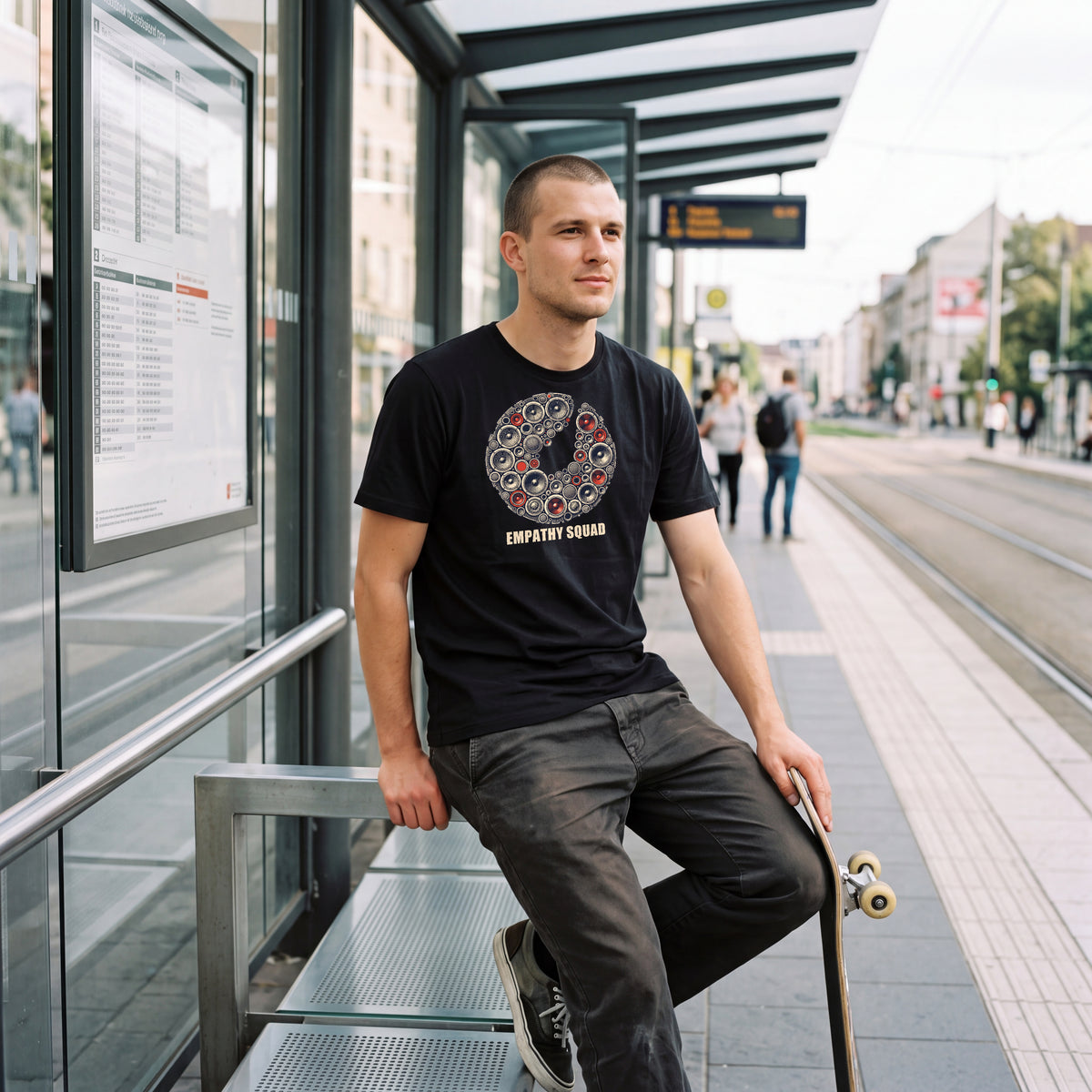 KI-Produktvisualisierung: Mann mit Skateboard an einer Haltestelle im schwarzen Empathy Squad Rasterkreis T-Shirt; Lautsprecherkreis mit roten Akzenten und Markenname oben auf der Brust.