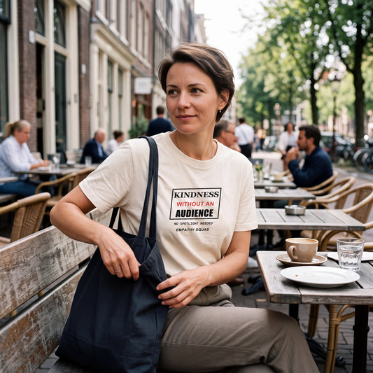 Frau im Natural-Raw-T-Shirt Kindness Without an Audience von Empathy Squad am Cafétisch. Vollständiger schwarz-roter Frontdruck mit EMPATHY SQUAD. KI-generierte Produktvisualisierung.