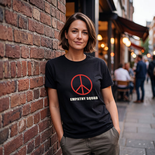 Frau vor einer Backsteinwand im schwarzen Empathy-Squad-T-Shirt. Das vollständige rote Peace-Zeichen und EMPATHY SQUAD sitzen auf der Brust.