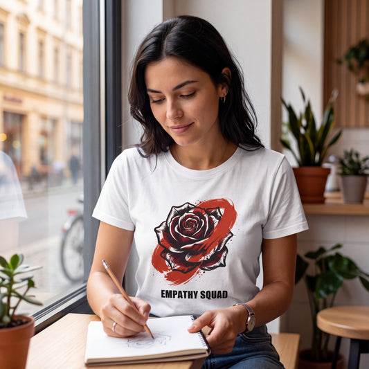 Empathy Squad Rosé – weißes Creator 2.0 T-Shirt mit Rose, rotem Pinselstrich und Markenprint; KI-Produktvisualisierung am Caféfenster.
